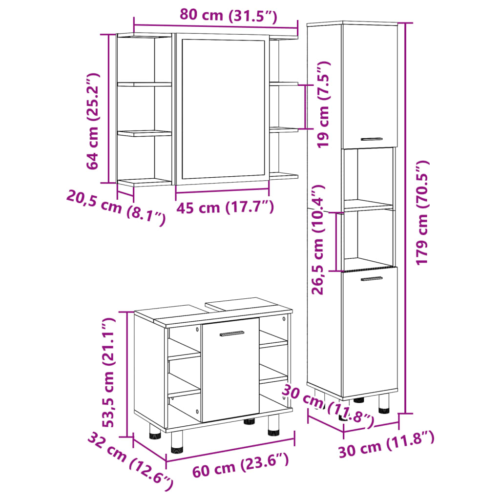 Zestaw mebli do łazienki 3 części drewno klejone - dąb sonoma, 1 - number 12.