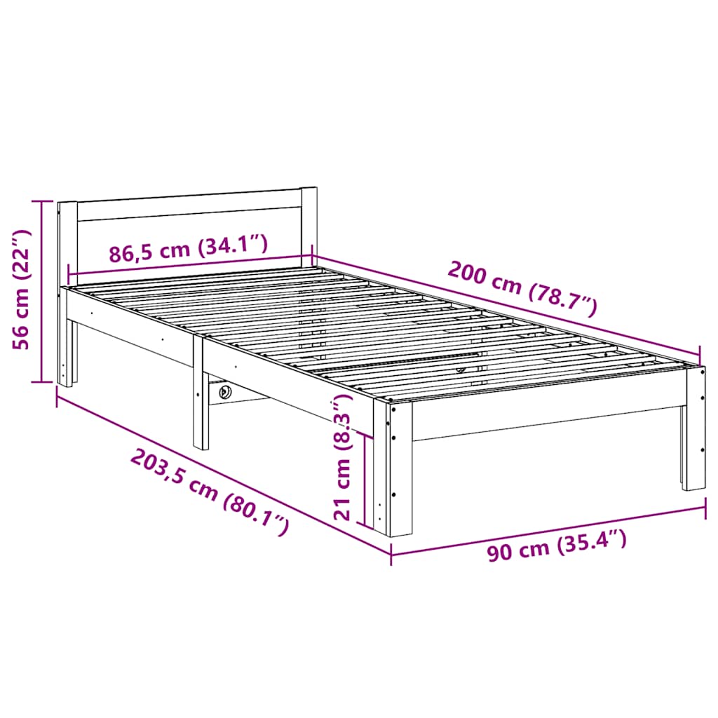 Bed frame without mattress solid pine - natural colored, 90 x 200 cm - number 10.