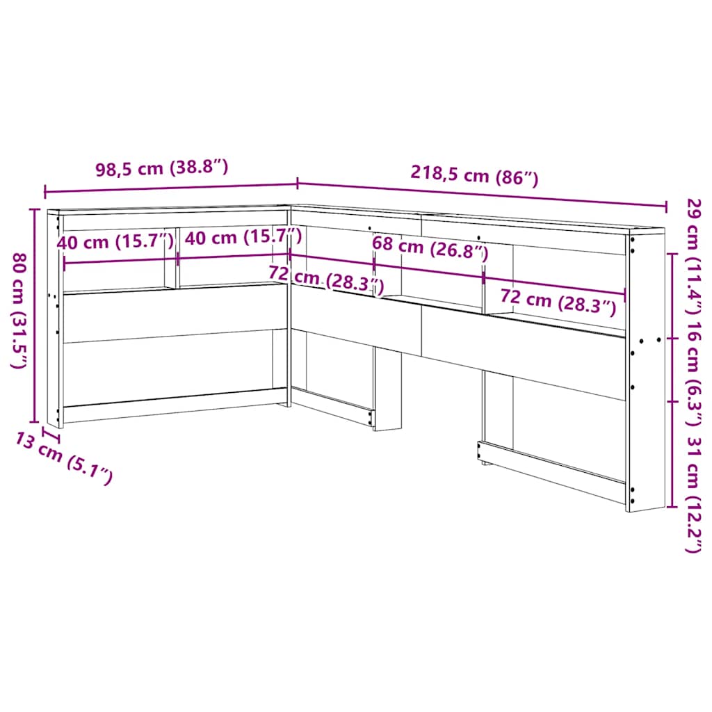 Bogreol hovedgærde l-formet 80 cm massivt fyrretræ - naturfarvet, 98.5 x 218.5 x 80 cm, 1 - number 9.