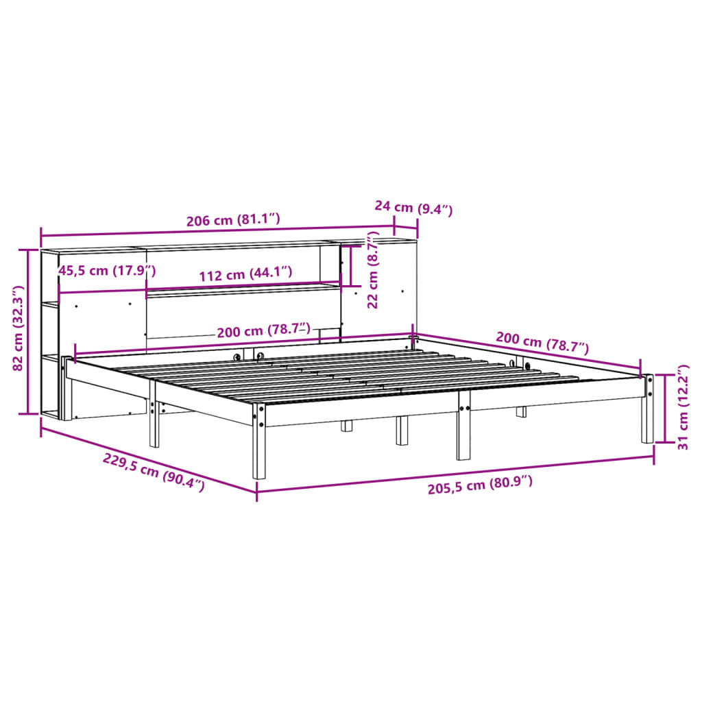 Seng med reol uden madras massivt fyrretræ - naturfarvet, 200 x 200 cm - number 12.