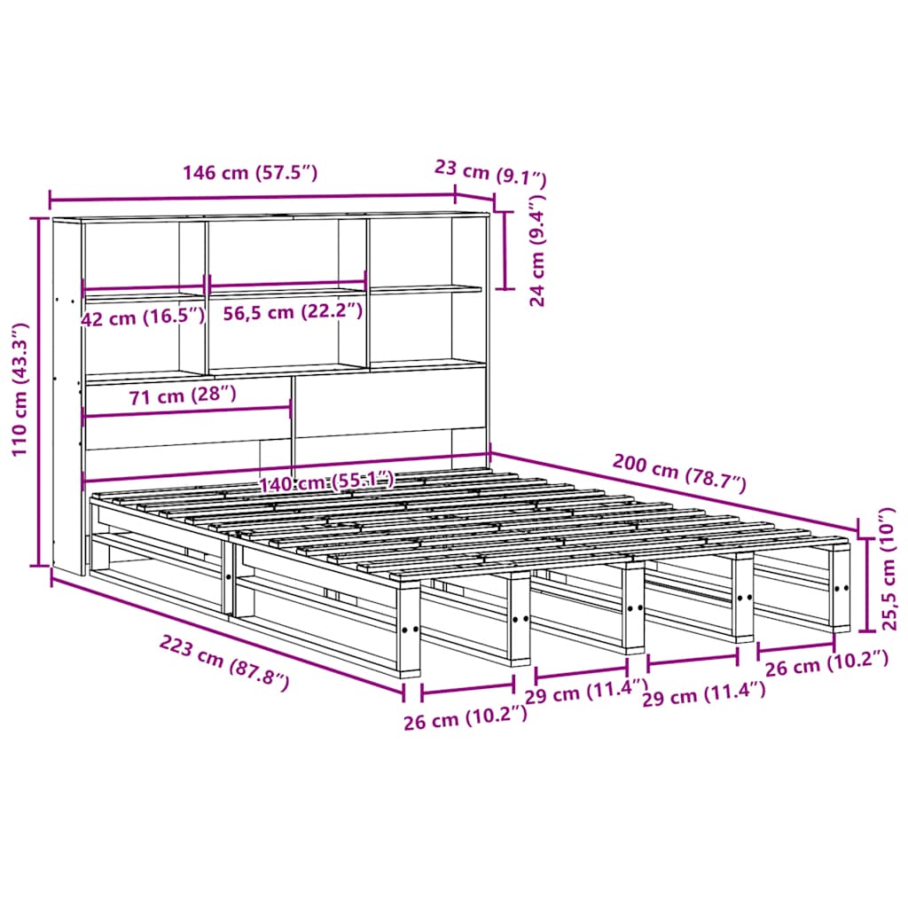 Seng med reol uden madras massivt træ - brun, 140 x 200 cm - number 12.
