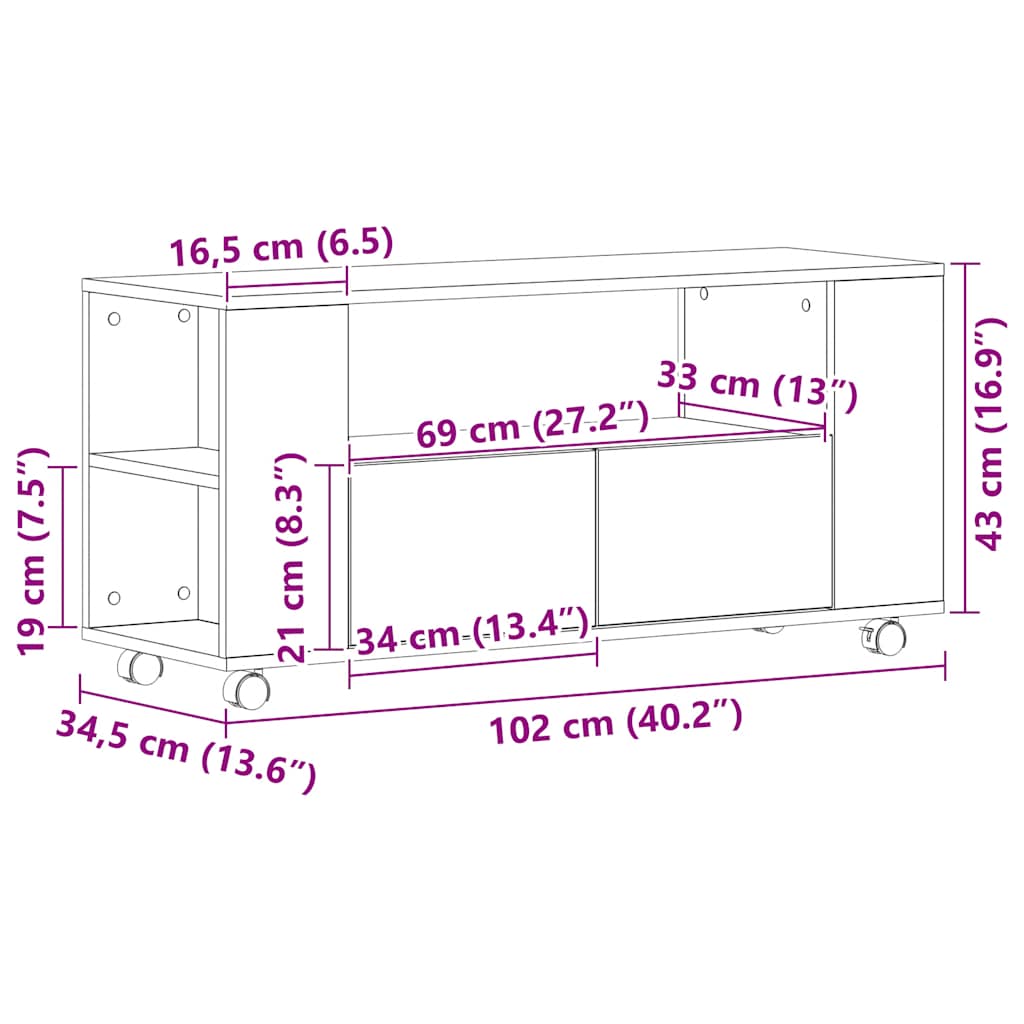 Tv -bord med hjul 102x34.5x43 cm konstruert tre svart eik - number 11.