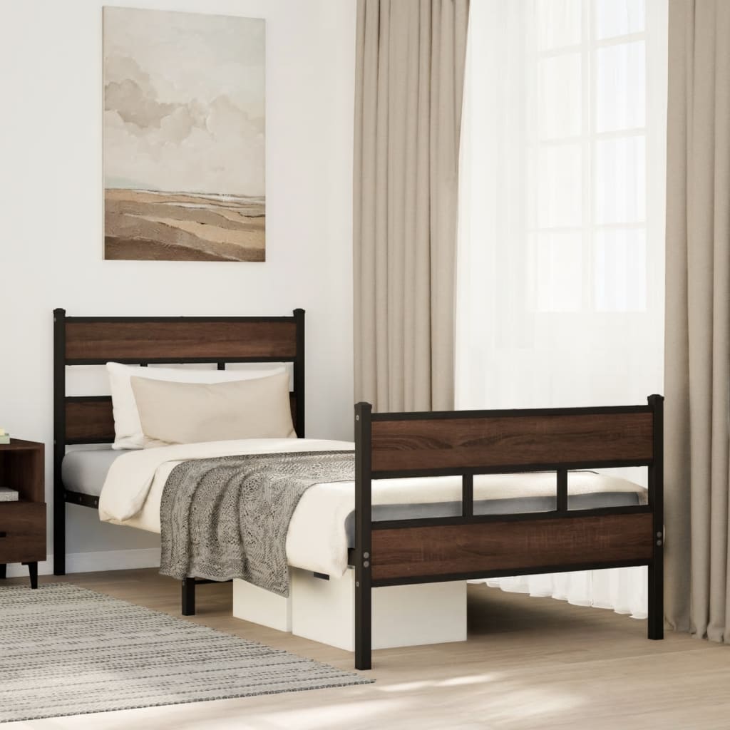 Bed frame with bed headback without mattress brown oak - brown oak, 75 x 190 cm, with headboard and foot fence - number 1.