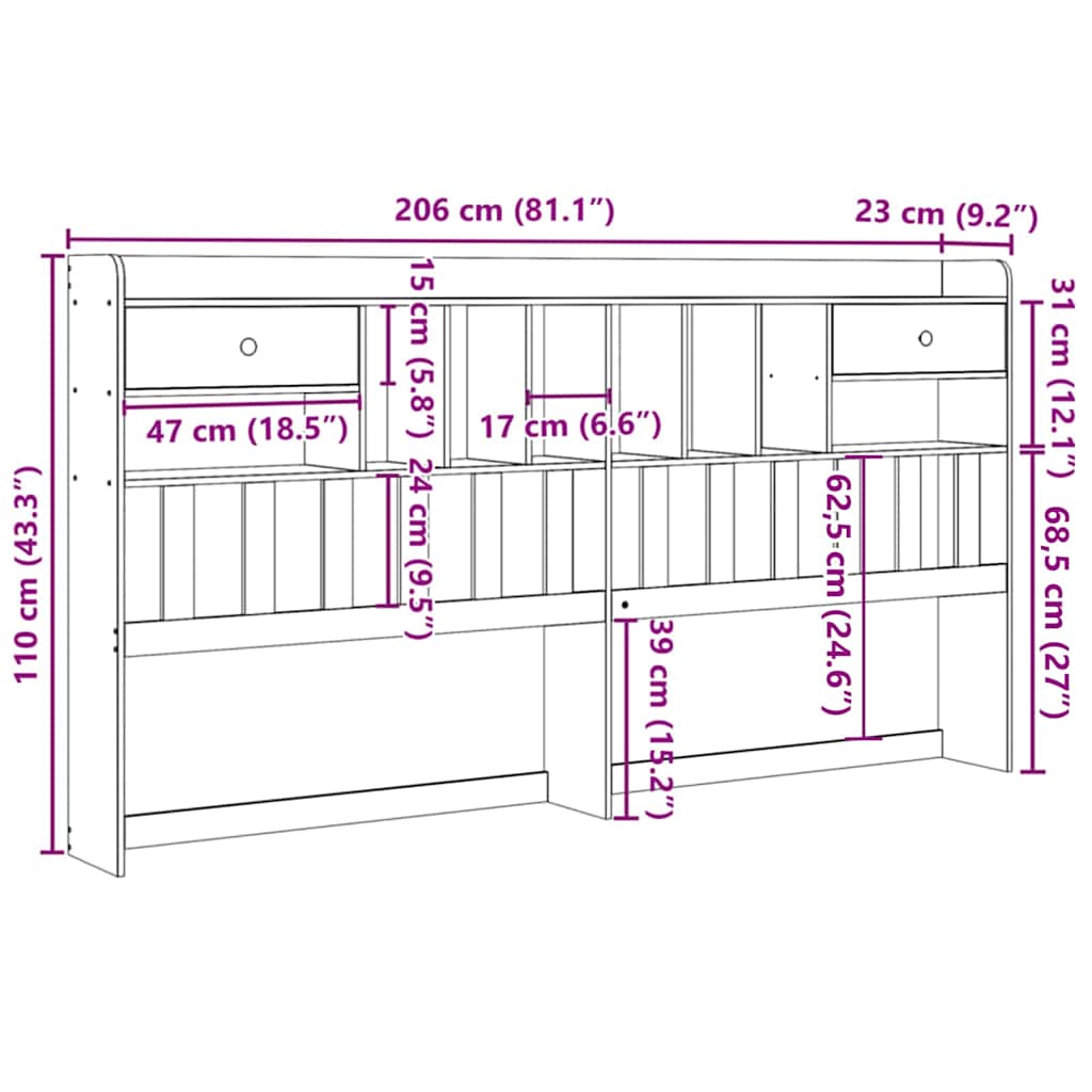 Sengegavl med opbevaring massivt fyrretræ - naturfarvet, 200 cm, 1 - number 10.