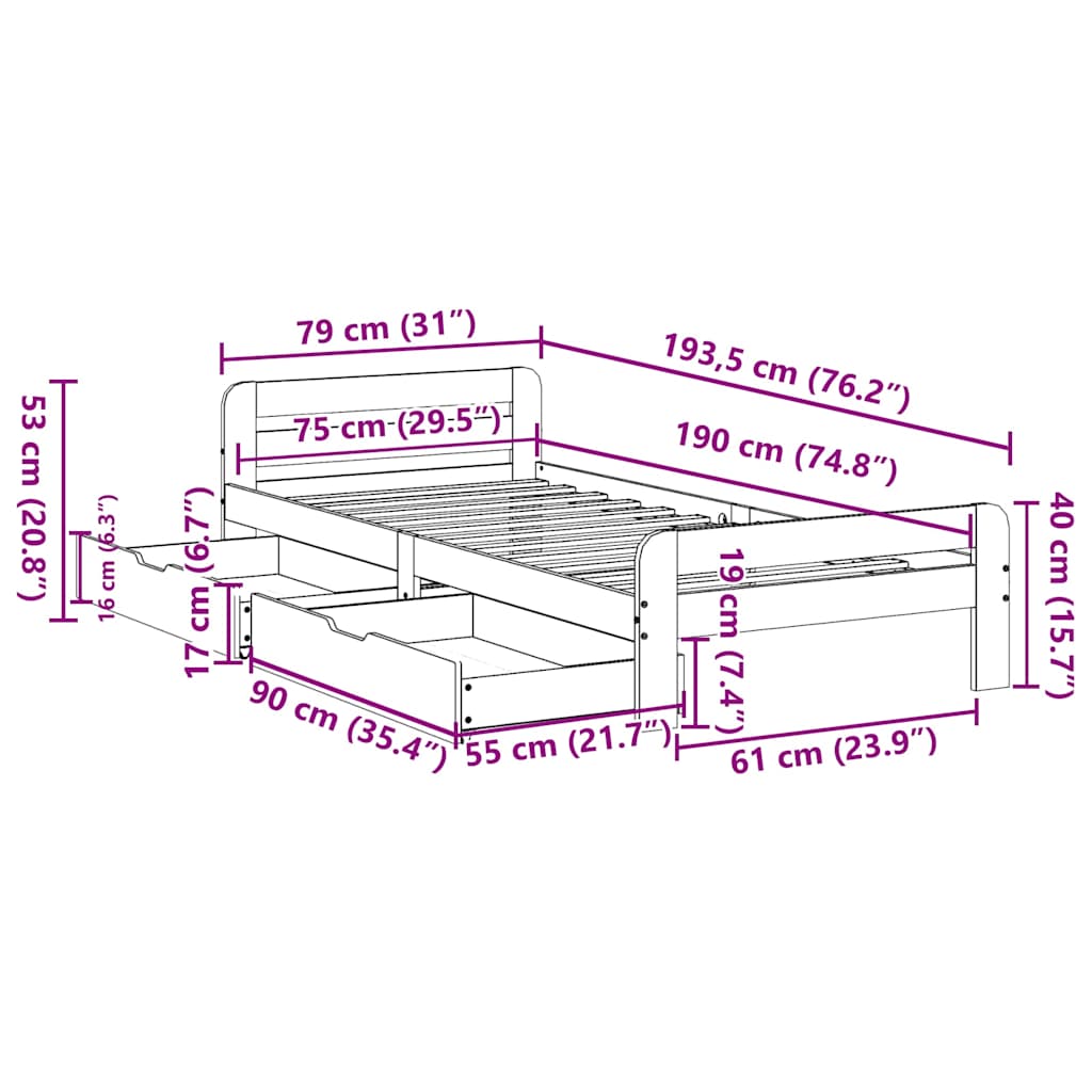 Rama łóżka bez materaca lite drewno sosnowe - kolor naturalny, 75 x 190 cm - number 12.