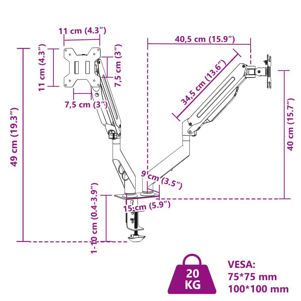 Supporto doppio schermo max. schermo 27" 20 kg misura vesa 75/100 mm - number 12.