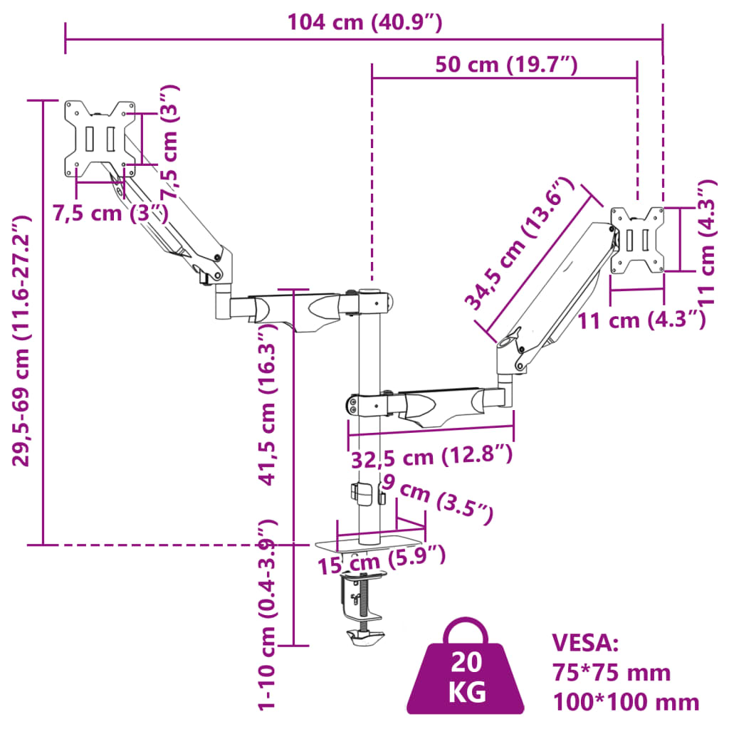 Dupli držač ekrana max. 27" ekran 20 kg vesa dimenzija 75/100 mm - number 12.