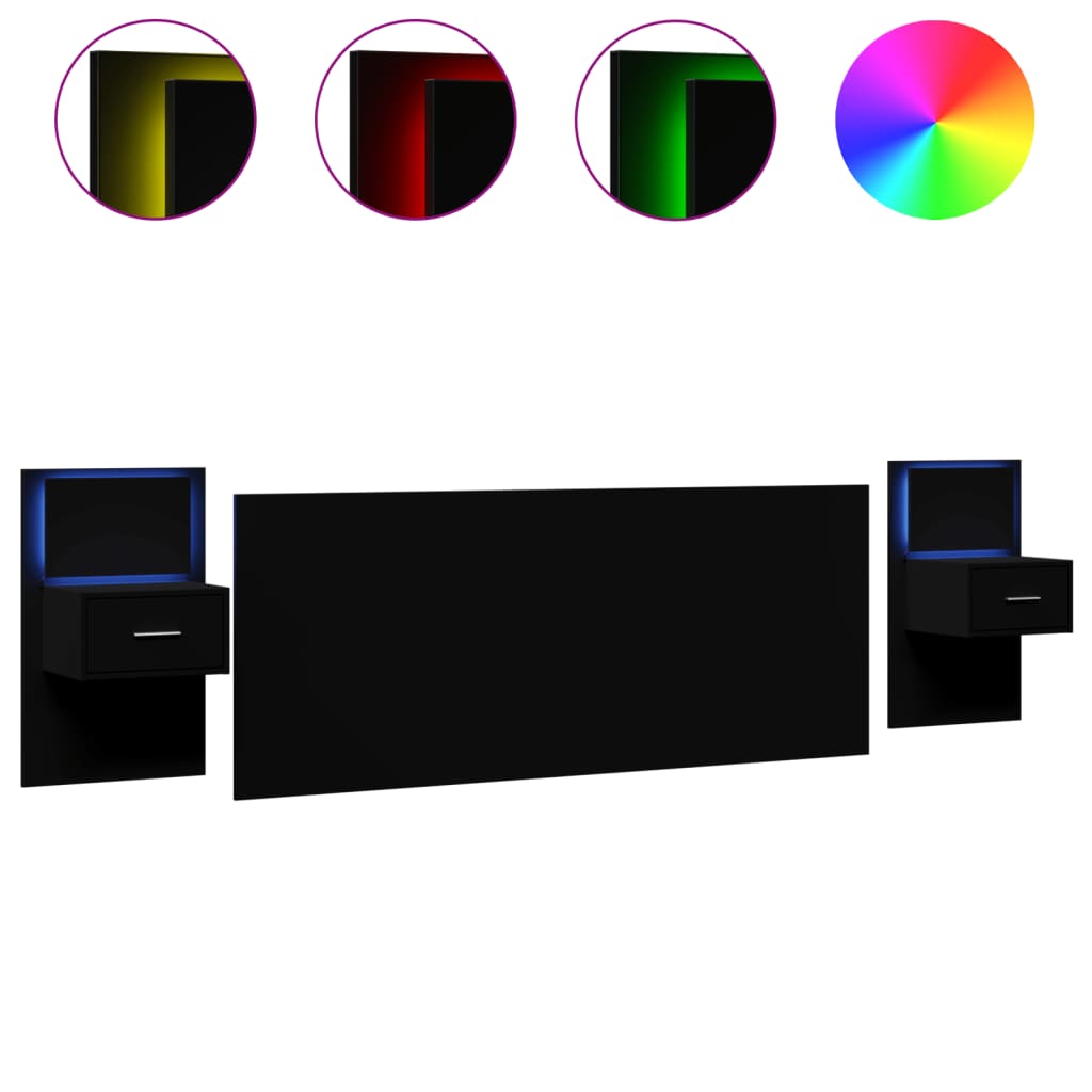 Sengegavl med skap 200 cm konstruert tre - svart, 1, en skuff med led-lys - number 2.