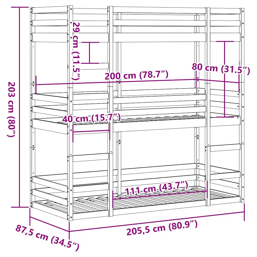 Triple bunk ced pine - natural w kolorze, 80 x 200 cm - number 11.