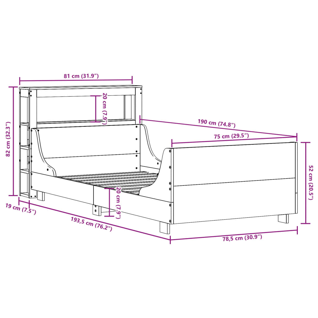 Rama łóżka bez materaca lite drewno sosnowe - kolor naturalny, 75 x 190 cm - number 12.