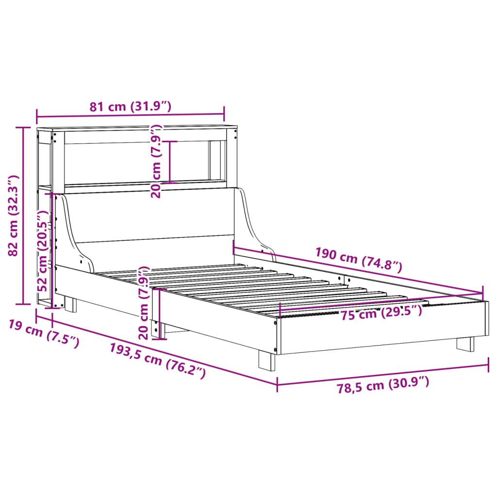 Rama łóżka bez materaca sosna stała - naturalny kolor, 75 x 190 cm - number 12.
