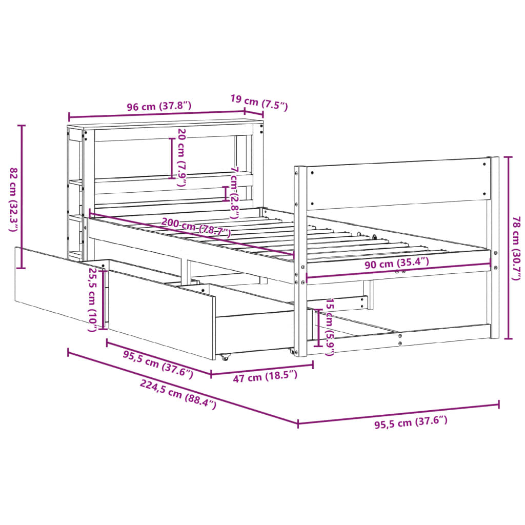 Sengeramme uden madras massivt fyrretræ - naturfarvet, 90 x 200 cm - number 12.