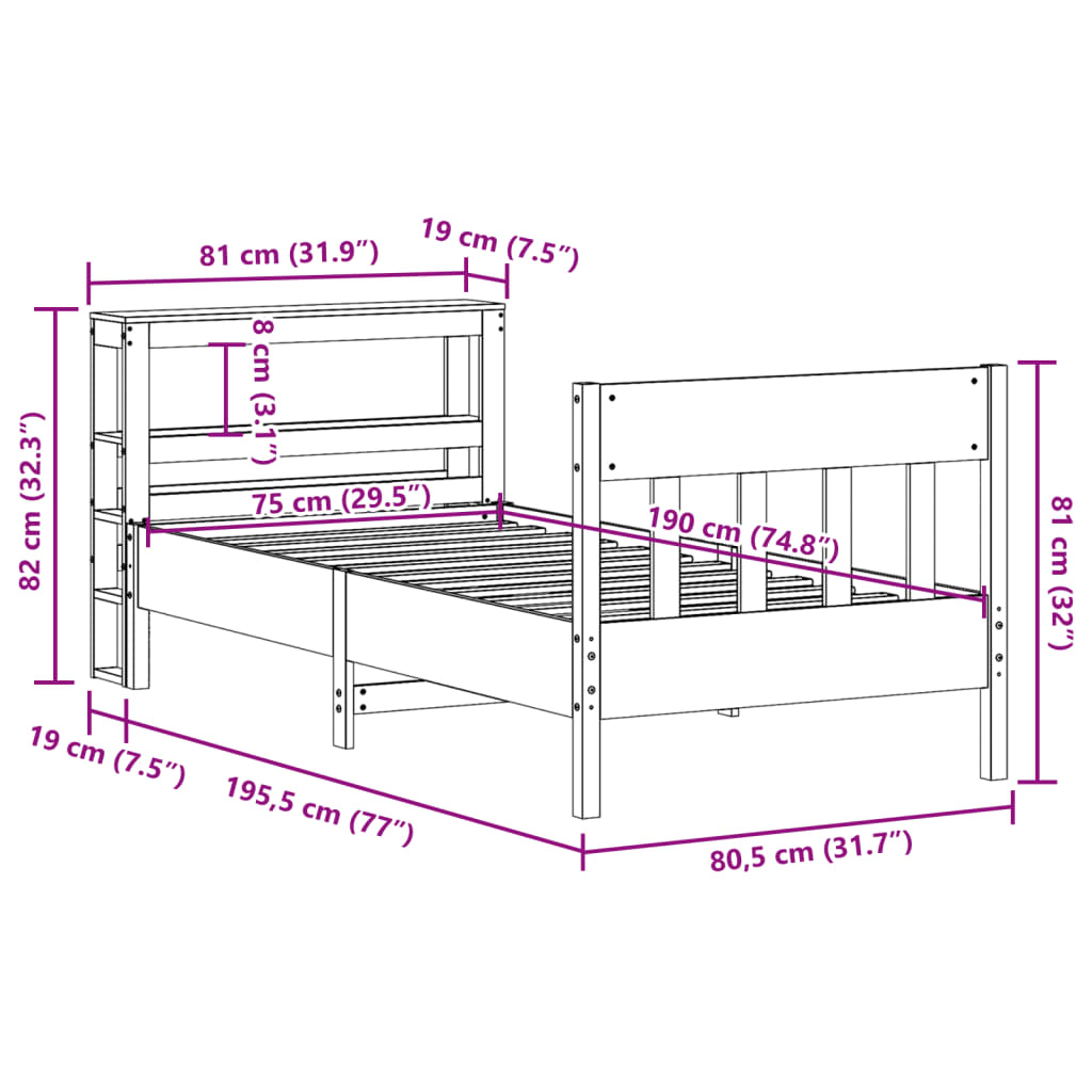 Rama łóżka bez materaca lite drewno sosnowe - kolor naturalny, 75 x 190 cm - number 12.