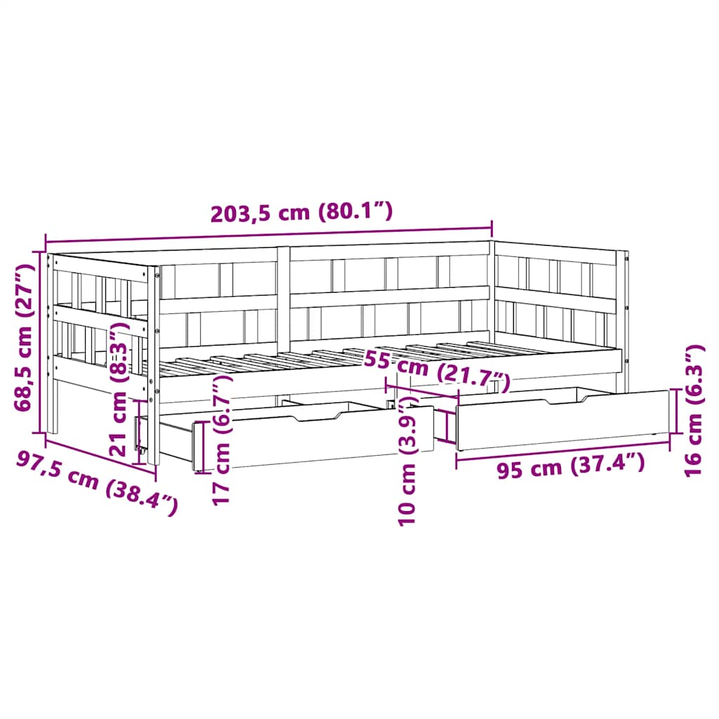 Daybed med skuffer massivt fyrretræ - naturfarvet, 90 x 200 cm - number 12.