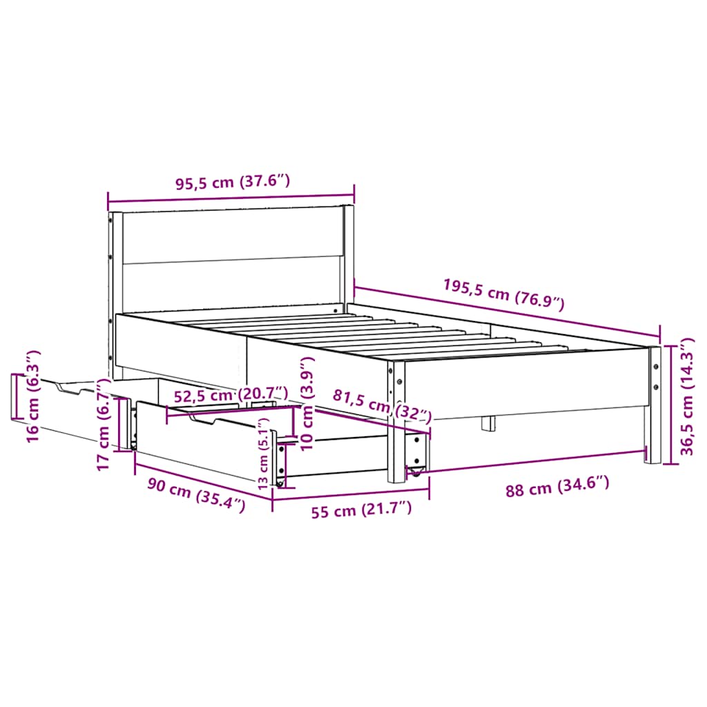 Okvir kreveta bez madraca čvrsti bor - prirodna boja, 90 x 190 cm - number 12.