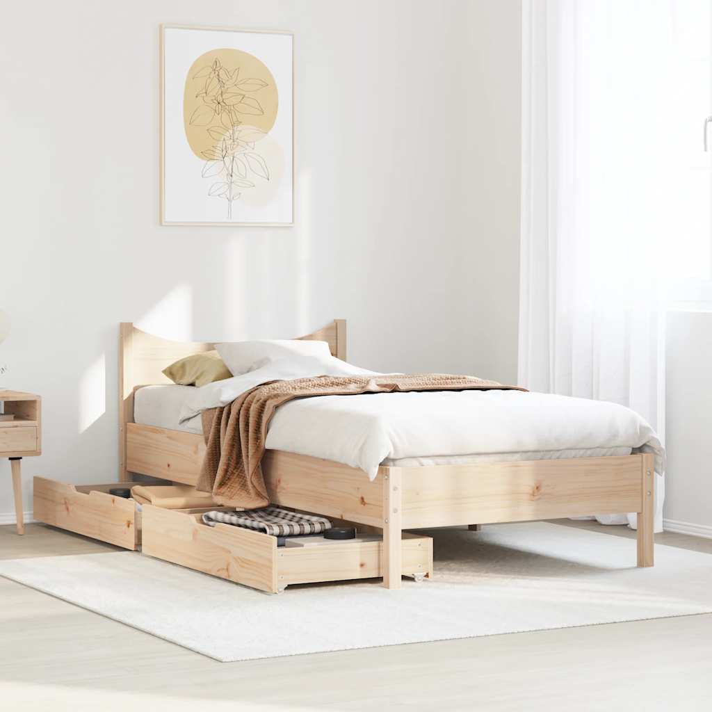Bed frame with drawers solid pine - natural colored, 75 x 190 cm - number 3.