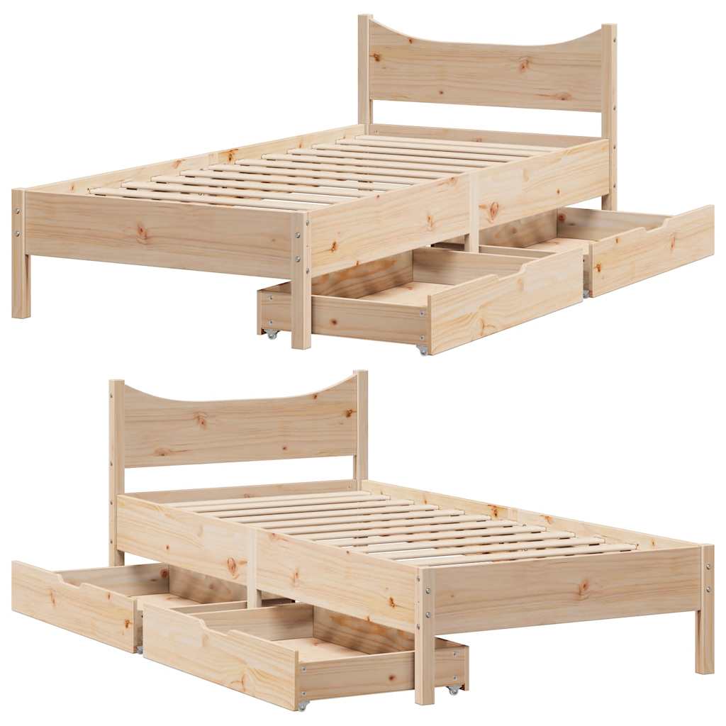 Bed frame with drawers solid pine - natural colored, 75 x 190 cm - number 9.