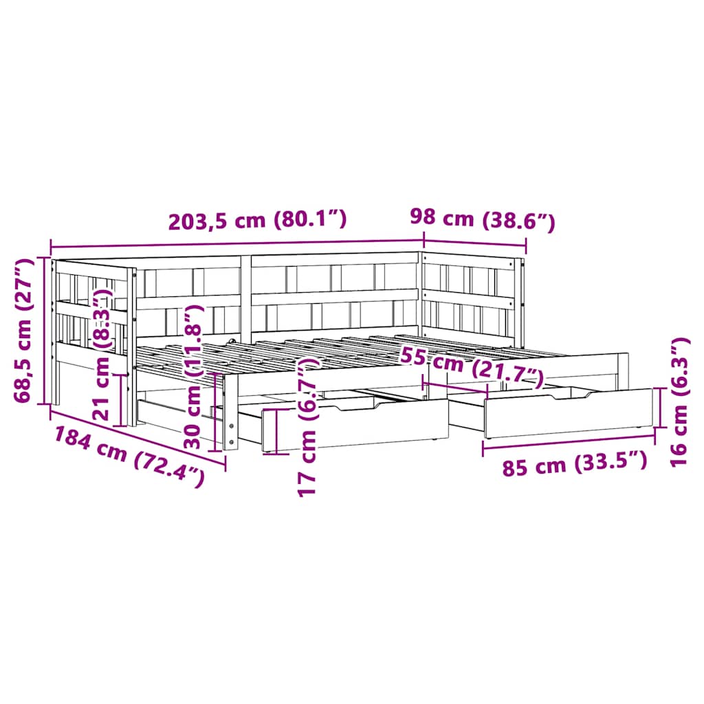Daybed med uttrekk og skuffer uten madrass - natur, 90 x 200 cm - number 12.