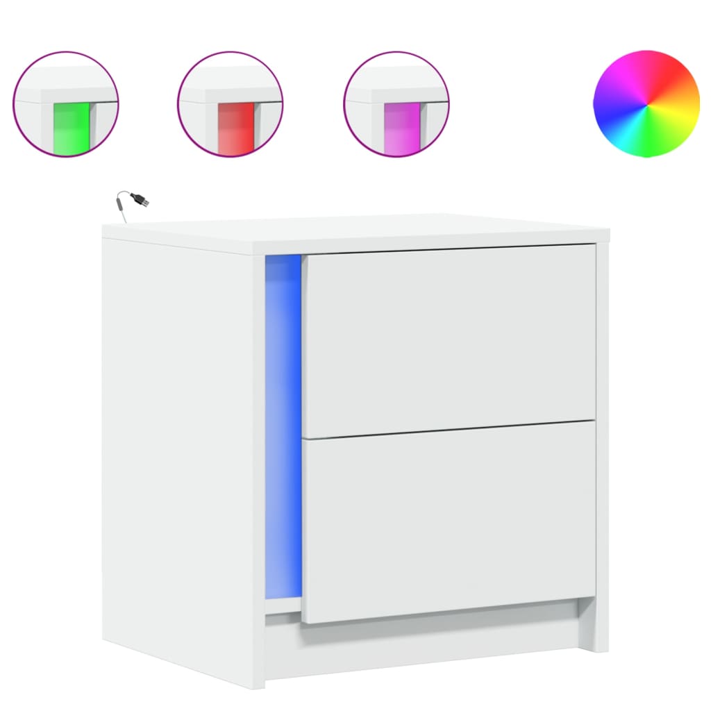 Sengebord med led-lys konstrueret træ - hvid, 1 - number 2.