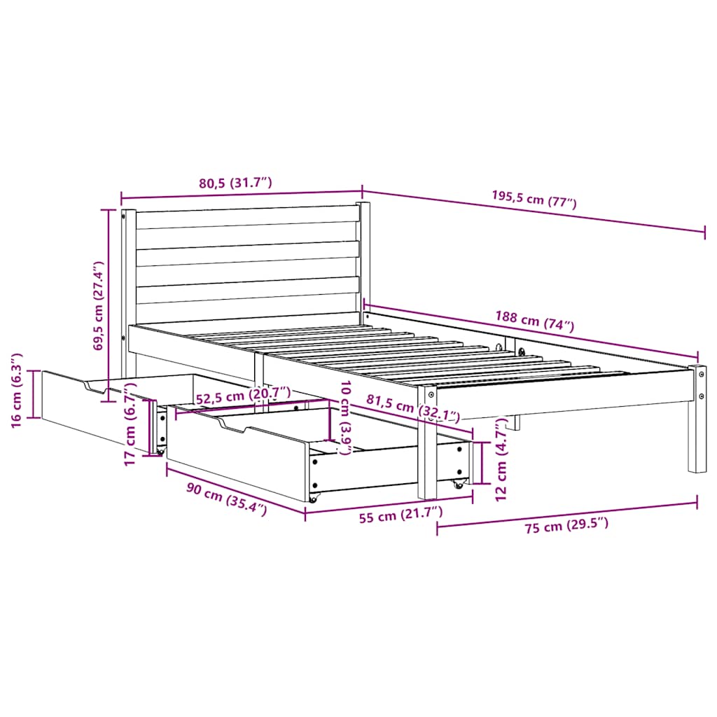 Sengeramme uden madras massivt fyrretræ - naturfarvet, 75 x 190 cm - number 12.