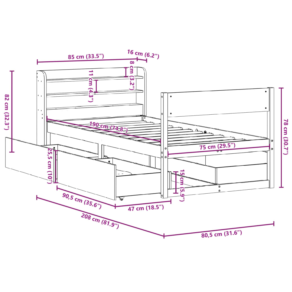 Rama łóżka bez materaca sosna lita - kolor naturalny, 75 x 190 cm - number 12.