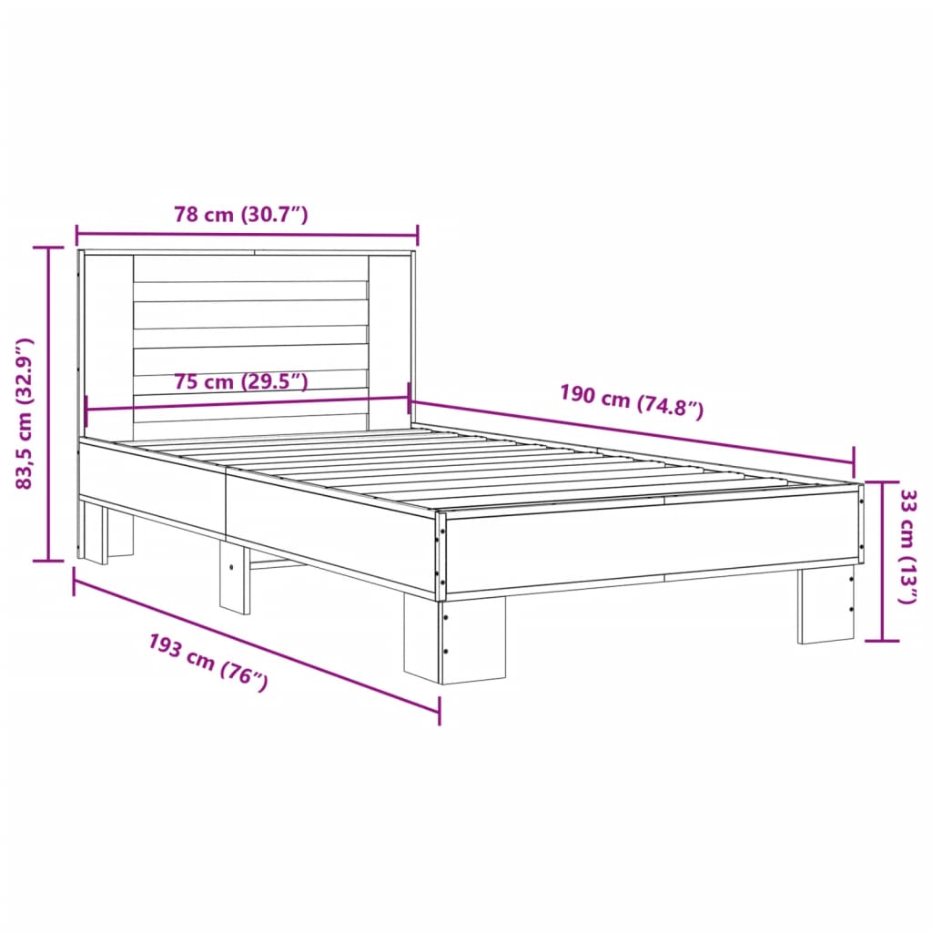 Bed frame engineered wood and metal - brown oak, 90 x 200 cm - number 9.