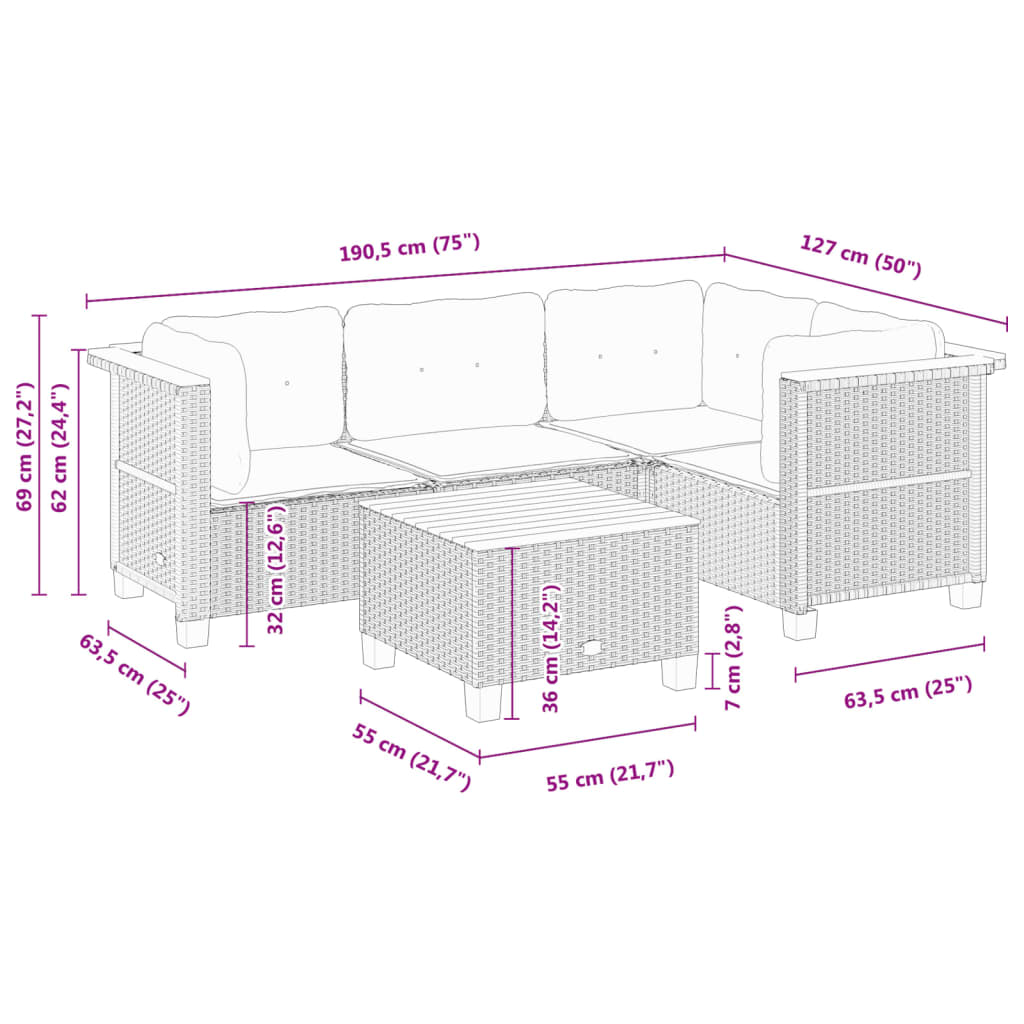 Sofasæt 5 dele med hynder polyrattan - grå, med bord, vævet design, 1 - number 8.