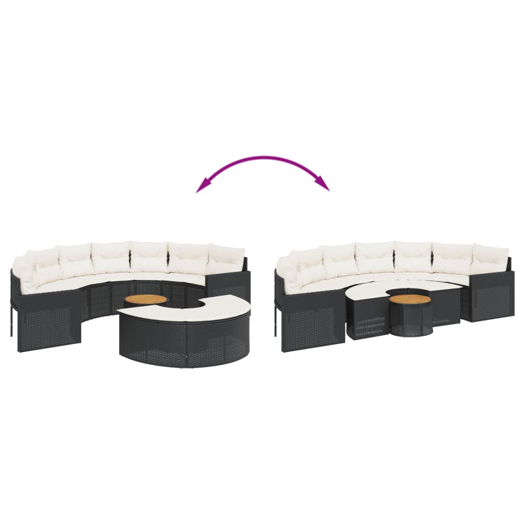 Sofasæt til haven 3 dele halvrund polyrattan - sort, 1, med træbord - number 7.