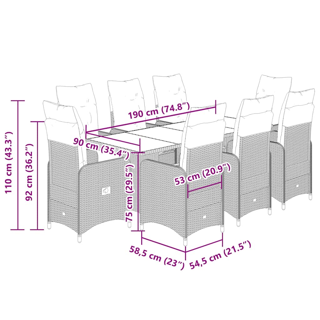 Vrtna bistro garnitura 9 komada s jastucima poliratan siva - 190 x 80 x 75 cm, bez stolice za noge, 8 - number 7.