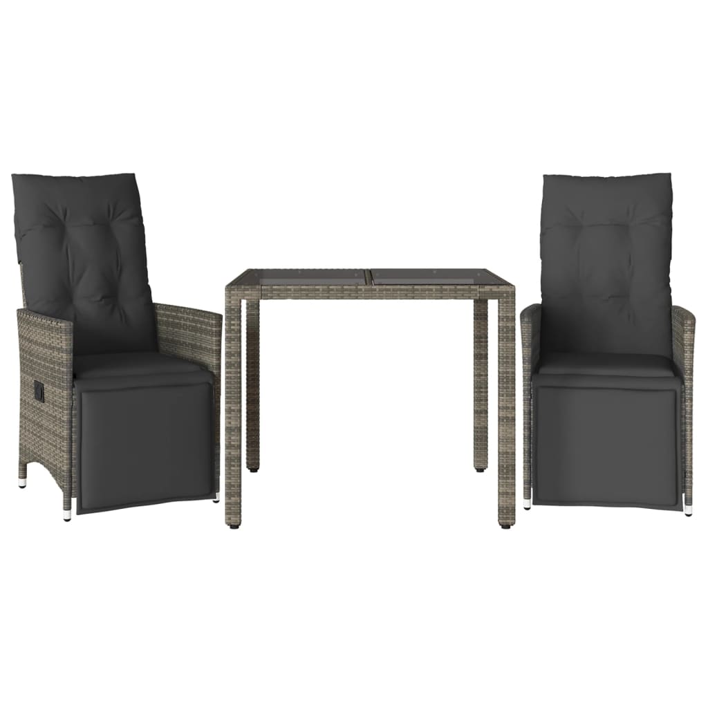 Bistrosæt til haven 3 dele med hynder polyrattan grå - 90 x 90 x 75 cm, glas, 2 - number 2.