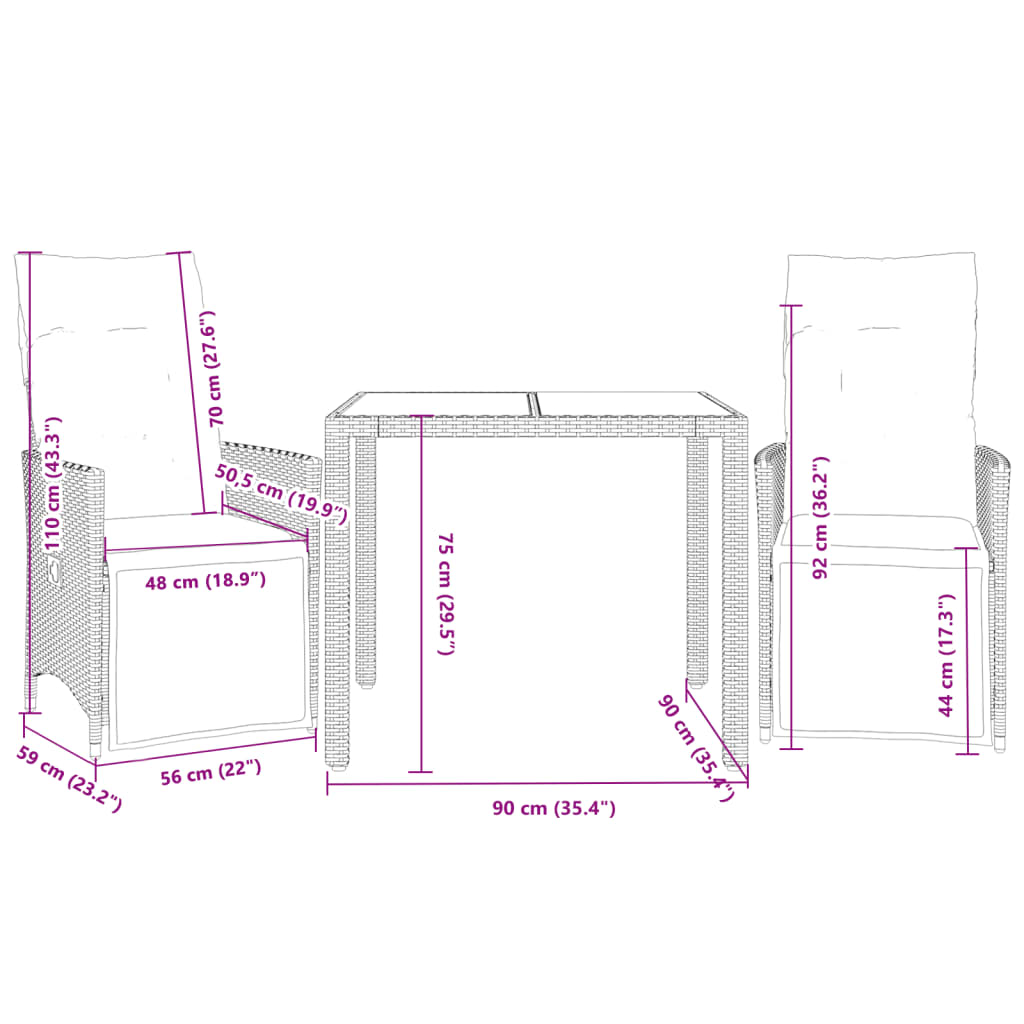 Bistro garnitura za vrt 3 dijela s jastucima od poliratana crna - number 7.
