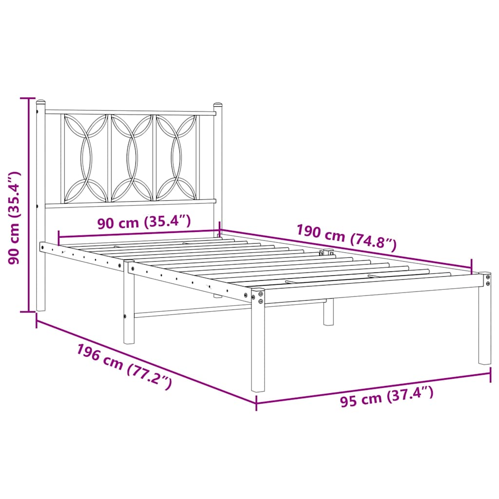 Bed frame with bedside vendor metal - white, 90 x 190 cm, with headboard - number 8.
