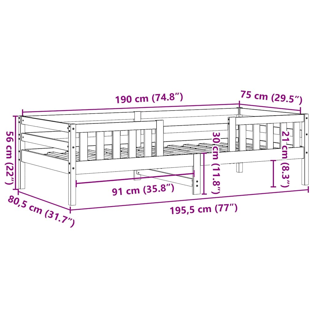 Okvir kreveta bez madraca punog bora - prirodne boje, 75 x 190 cm - number 9.