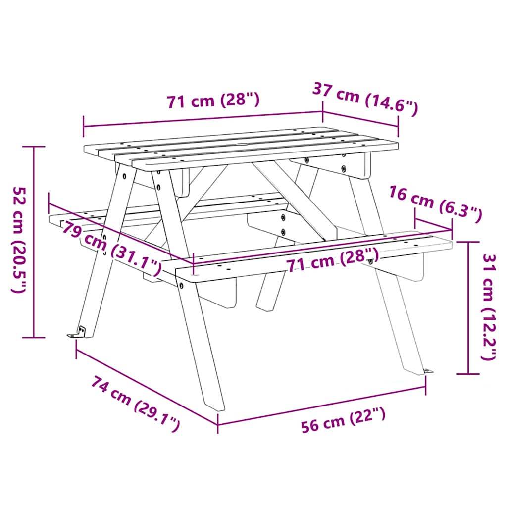 Piknikbord for 4 barn med parasollhull, massiv gran - naturlig farge, 1 - number 8.
