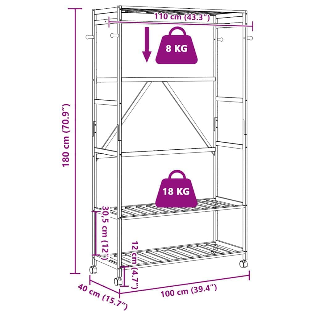 Stalak za odjeću s policama i kotačima 110x40x180 cm bambus - 110 cm, 1, s kotačima - number 8.