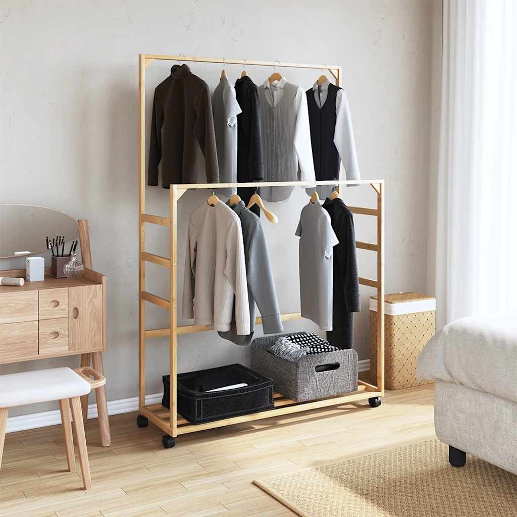 Clothes rack with shelves and wheels 90x35x155 cm bamboo - number 2.