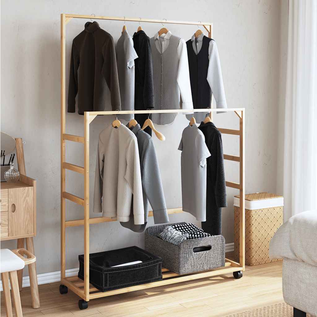 Clothes rack with shelves and wheels 90x35x155 cm bamboo - number 3.