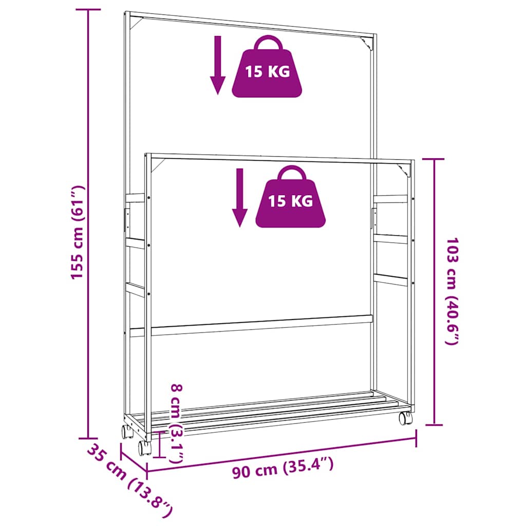 Clothes rack with shelves and wheels 90x35x155 cm bamboo - number 9.