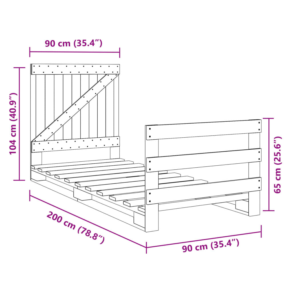 Bed frame with headboard 90x200 cm solid pine - 200 x 90 x 104 cm (l x w x h), 90 x 200 cm (w x l) (mattress not included) - number 11.