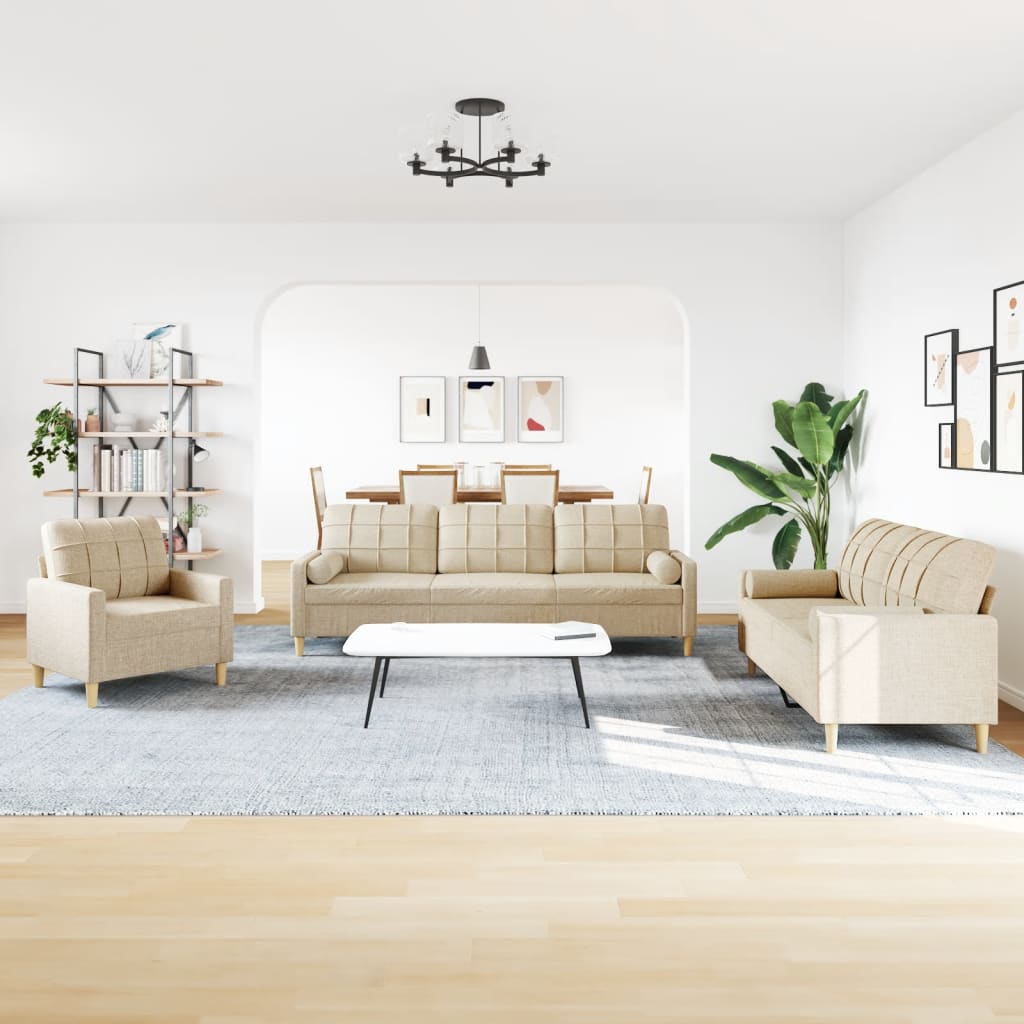 Sofasæt 3 dele med pyntepuder stof cremefarvet - creme, med puder - number 3.