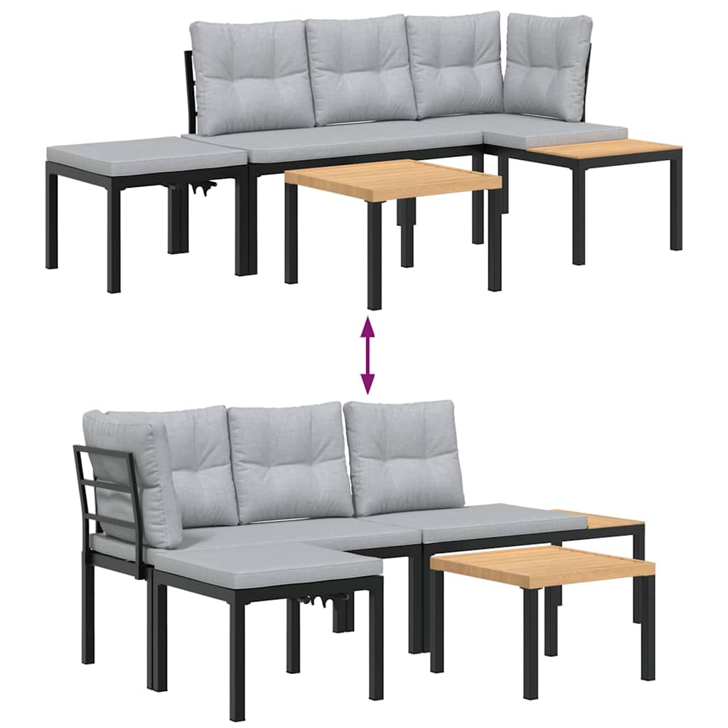 Bænkesæt til haven 4 dele med hynder pulverlakeret stål sort - lysegrå, med bord, 1 - number 6.