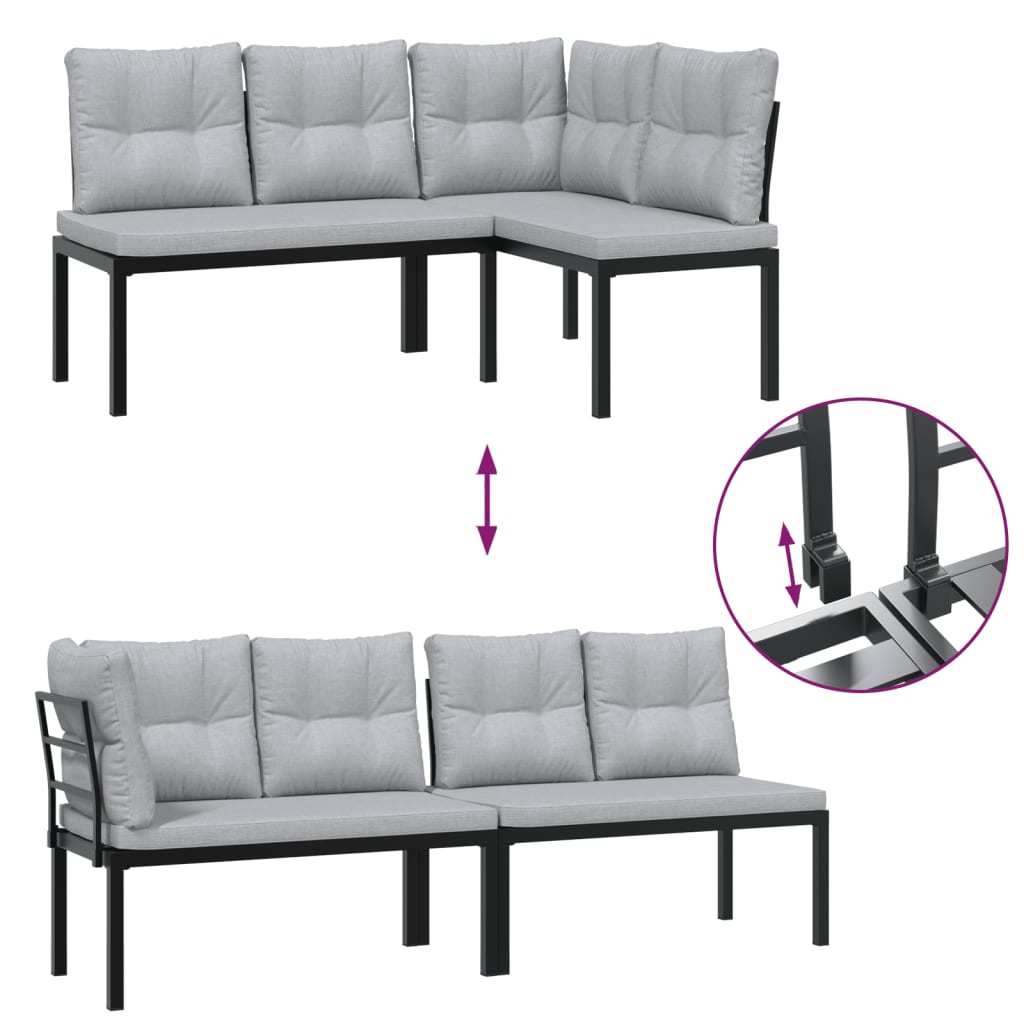 Soffset för trädgården 4 delar med kuddar pulverlackerat stål svart - ljusgrå, utan bord, 1 - number 5.