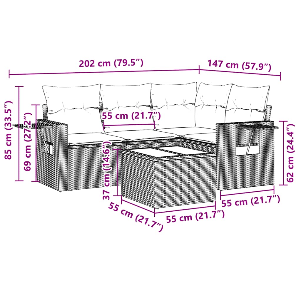 Sofa sett 5 deler med puter polyrattan - lysegrå, med bord, 1 - number 3.