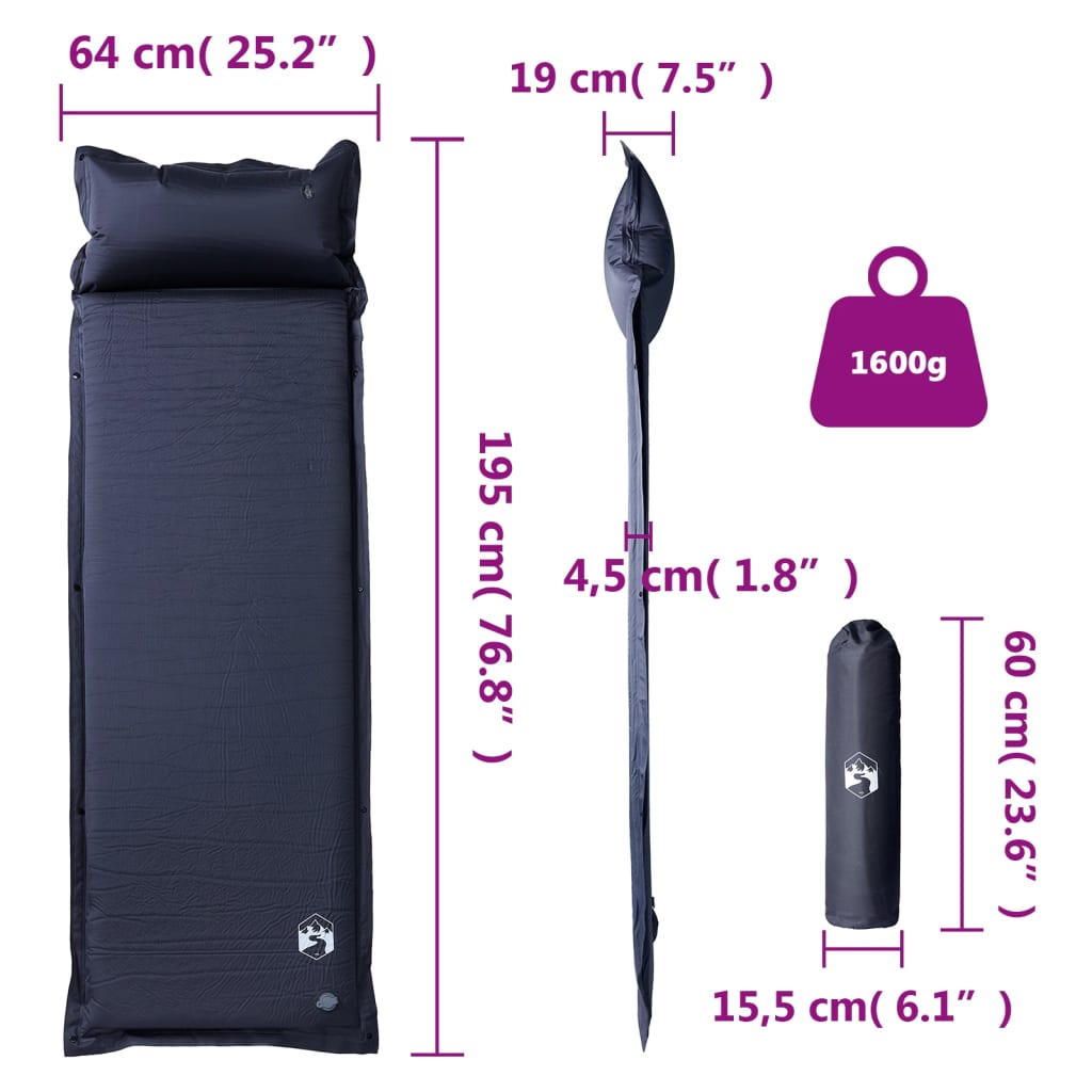 1-personers campingmadras med pude selvoppustelig - grå, 195 x 64 x 4.5 cm, 1 - number 6.