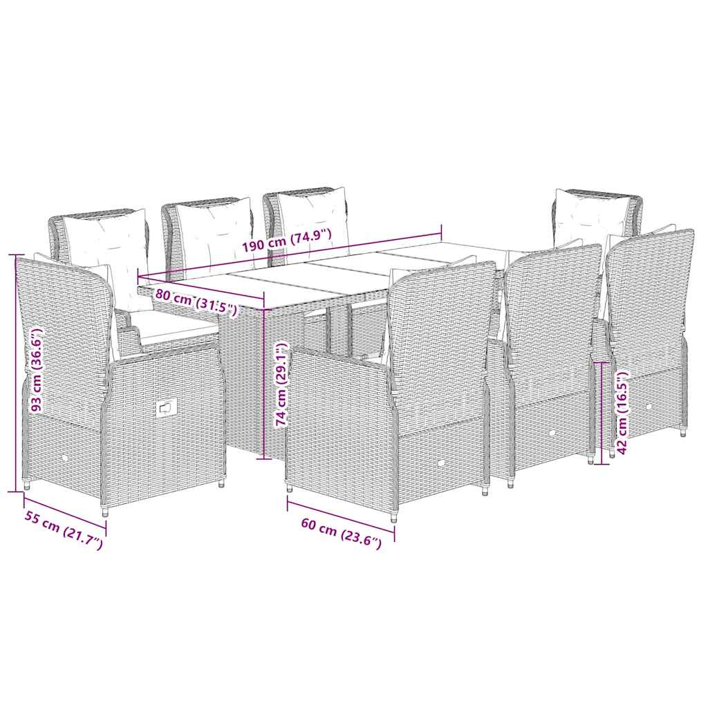9-dijelni vrtni blagovaonski stol s jastucima, poliratan - sivi, drvo, 8 - number 8.