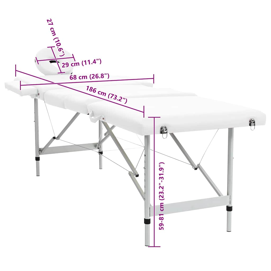 Cremefarvet sammenfoldeligt massagebord med aluminiumsstel,4 zoner - number 8.