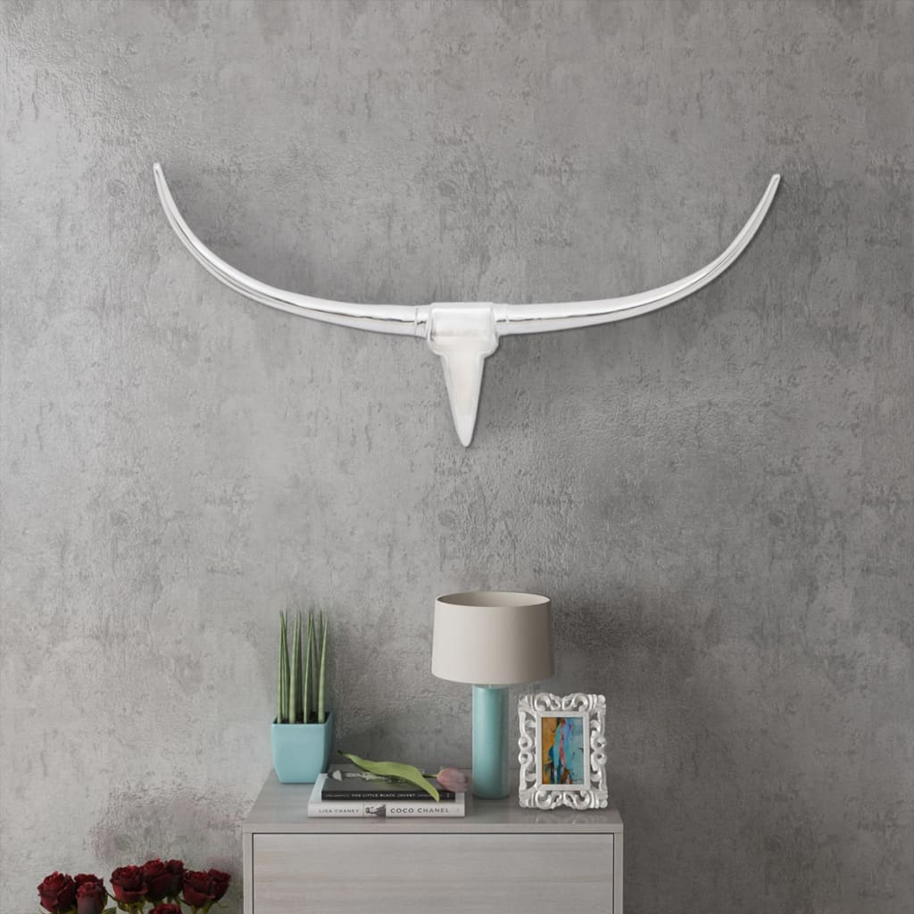 Wall-mounted decorative bull's head in aluminum 96 cm silver - number 1.