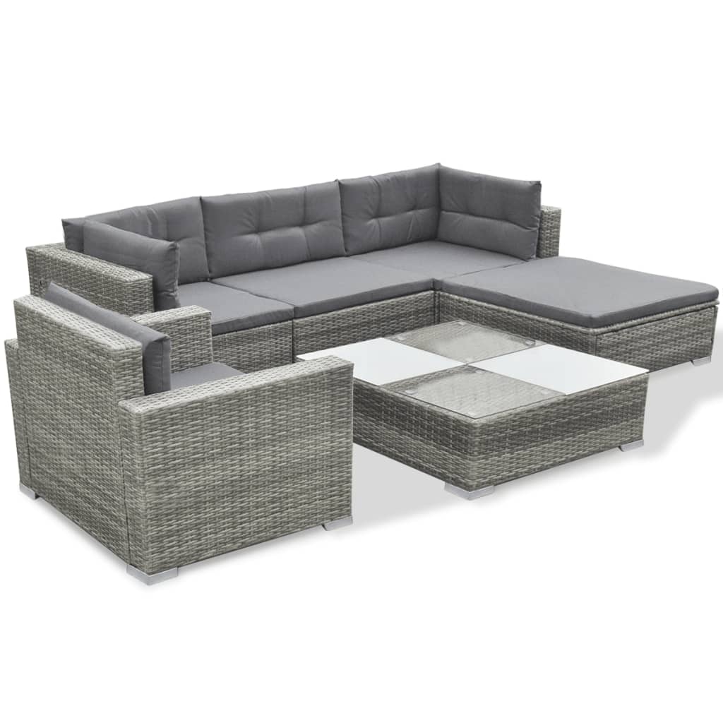 Loungesæt til haven 6 dele med hynder polyrattan grå - pulverlakeret stålstel + bordplade i hærdet glas, 70 x 70 x 63 cm (b x d x h), 70 x 70 x 63 cm (b x d x h), 70 x 70 x 31 cm (l x b x h), 74 x 74 x 31 cm (l x b x h) - number 3.