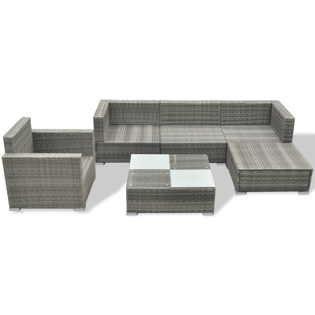 Loungesæt til haven 6 dele med hynder polyrattan grå - pulverlakeret stålstel + bordplade i hærdet glas, 70 x 70 x 63 cm (b x d x h), 70 x 70 x 63 cm (b x d x h), 70 x 70 x 31 cm (l x b x h), 74 x 74 x 31 cm (l x b x h) - number 4.