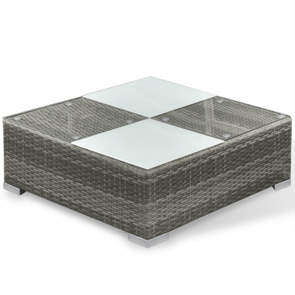 Loungesæt til haven 6 dele med hynder polyrattan grå - pulverlakeret stålstel + bordplade i hærdet glas, 70 x 70 x 63 cm (b x d x h), 70 x 70 x 63 cm (b x d x h), 70 x 70 x 31 cm (l x b x h), 74 x 74 x 31 cm (l x b x h) - number 7.
